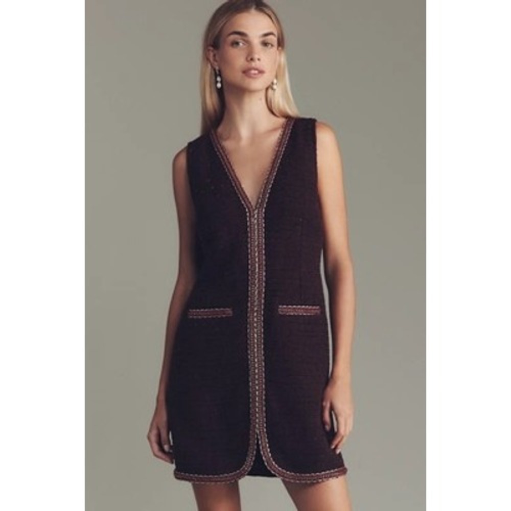 Walter Baker Plum Purple Tweed Mini Dress Gold Chain Trim Sleeveless W71694 10
